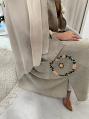 C Beige Floral Linen Embroidery Eid Abaya Set
