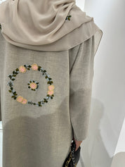C Beige Floral Linen Embroidery Eid Abaya Set