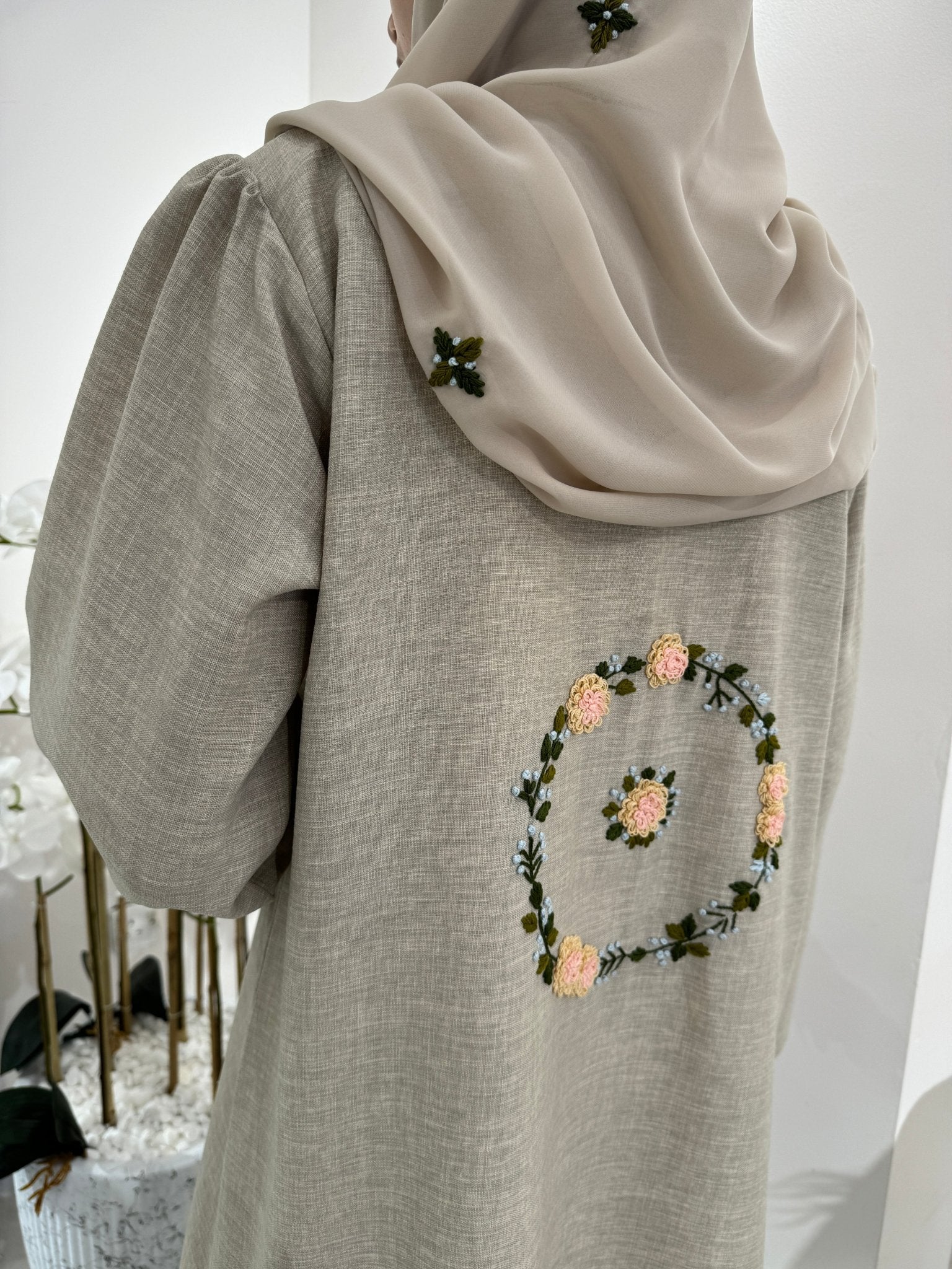 C Beige Floral Linen Embroidery Eid Abaya Set