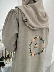 C Beige Floral Linen Embroidery Eid Abaya Set