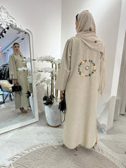 C Beige Floral Linen Embroidery Eid Abaya Set