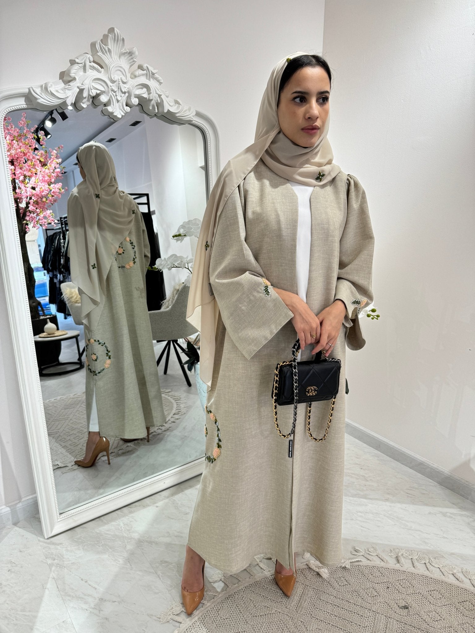 C Beige Floral Linen Embroidery Eid Abaya Set