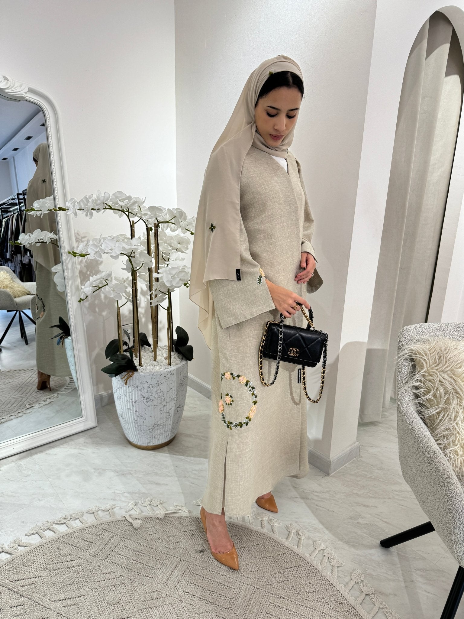 C Beige Floral Linen Embroidery Eid Abaya Set