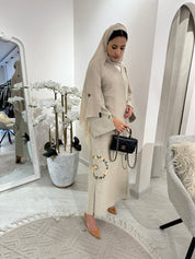 C Beige Floral Linen Embroidery Eid Abaya Set