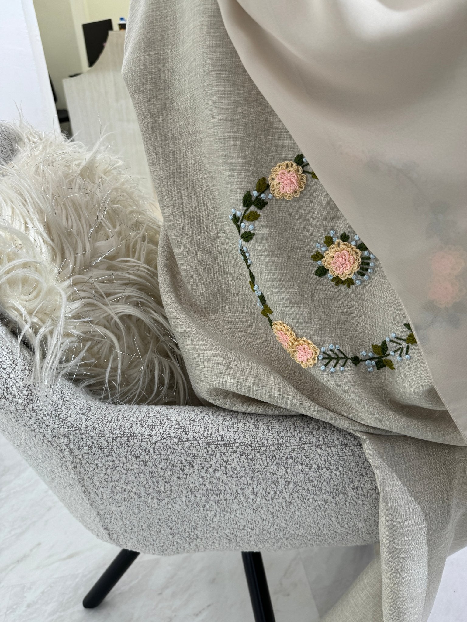 C Beige Floral Linen Embroidery Eid Abaya Set
