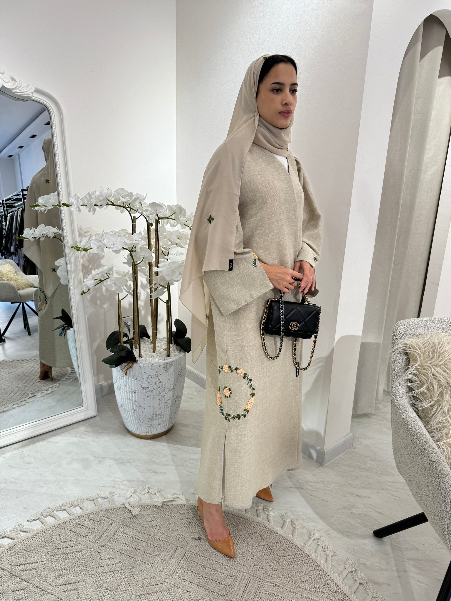 C Beige Floral Linen Embroidery Eid Abaya Set