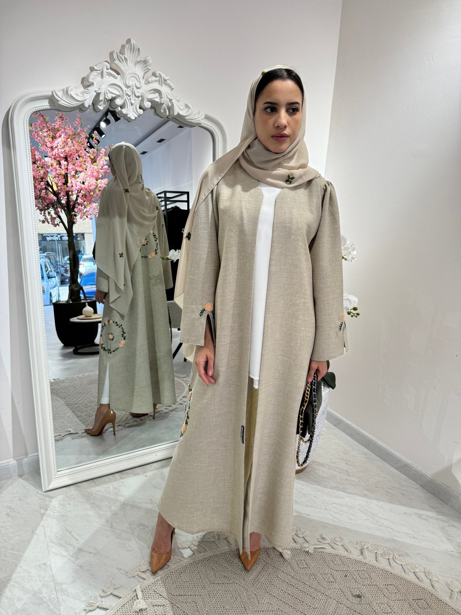 C Beige Floral Linen Embroidery Eid Abaya Set