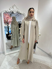 C Beige Floral Linen Embroidery Eid Abaya Set