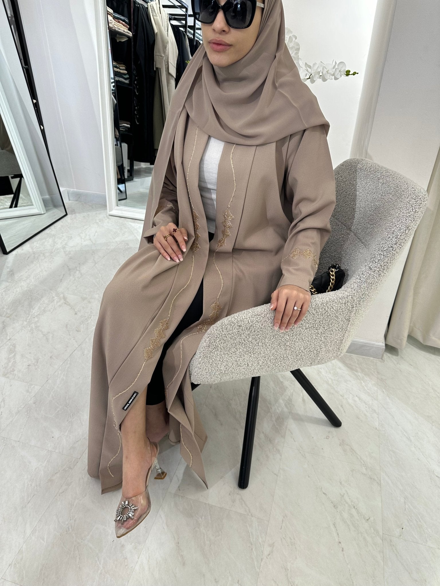 C Beige Gold Handwork Abaya-13