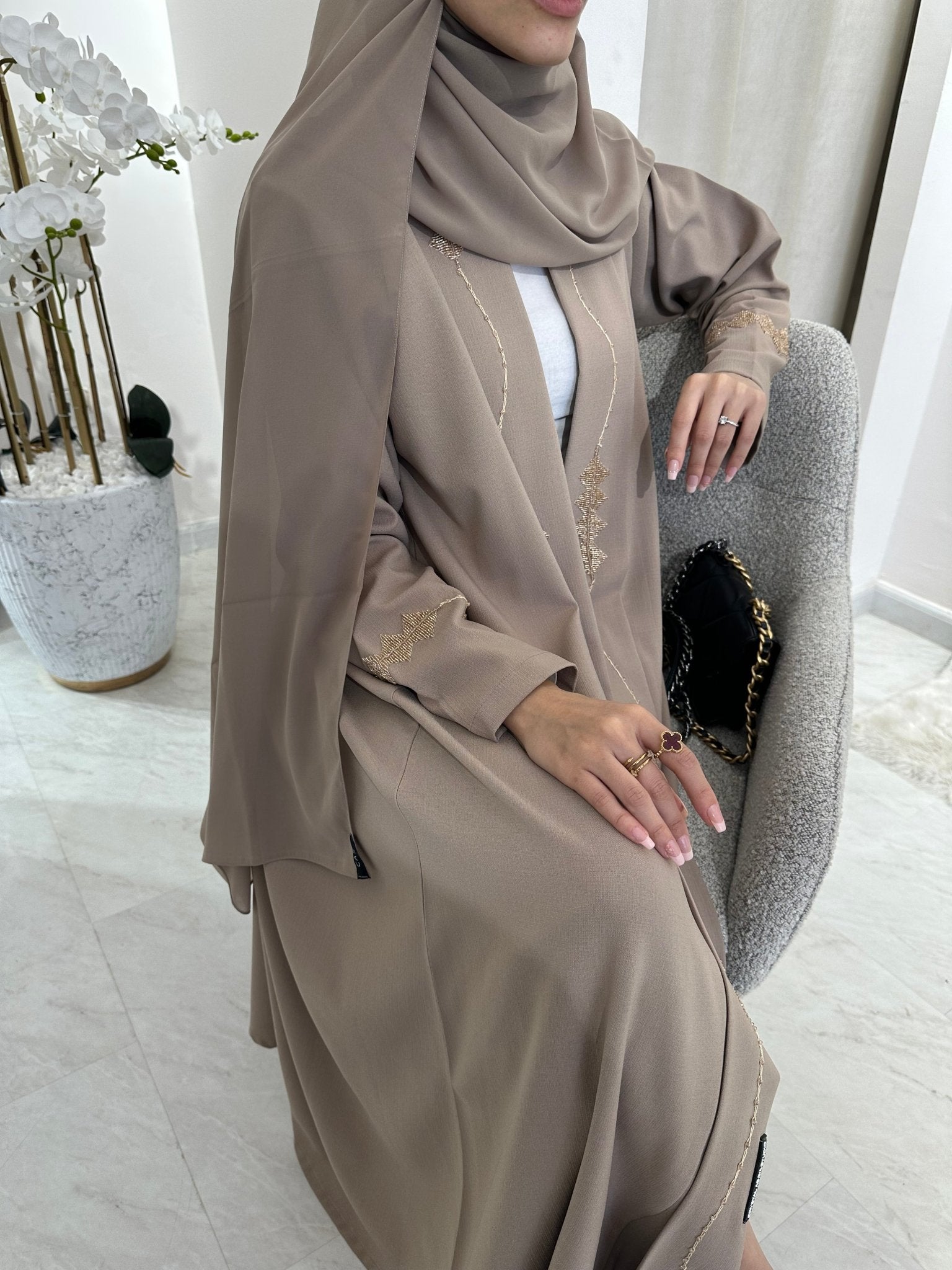 C Beige Gold Handwork Abaya-14