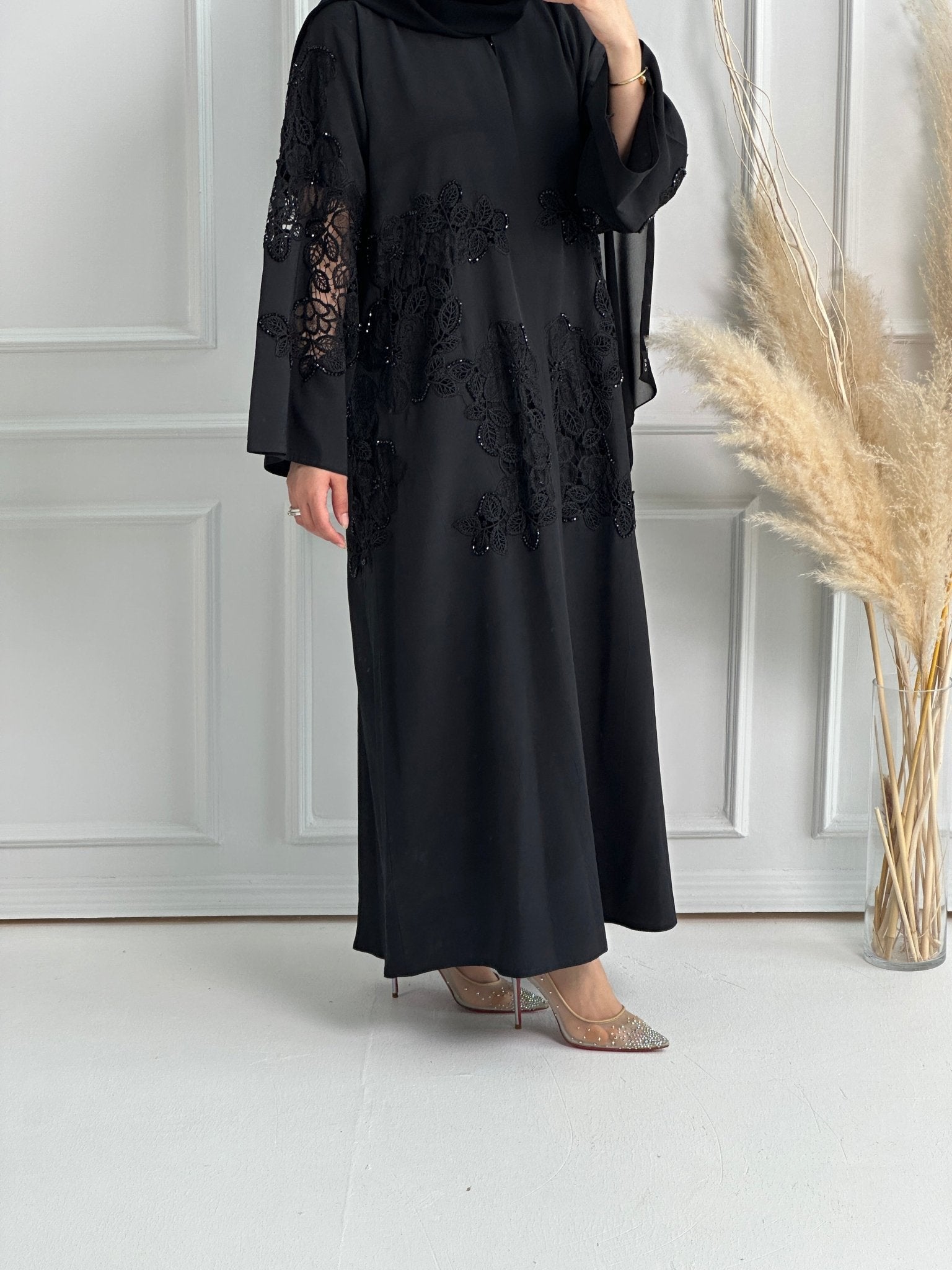 C - Black - Crepe - Dantel - Evening - Abaya - 60