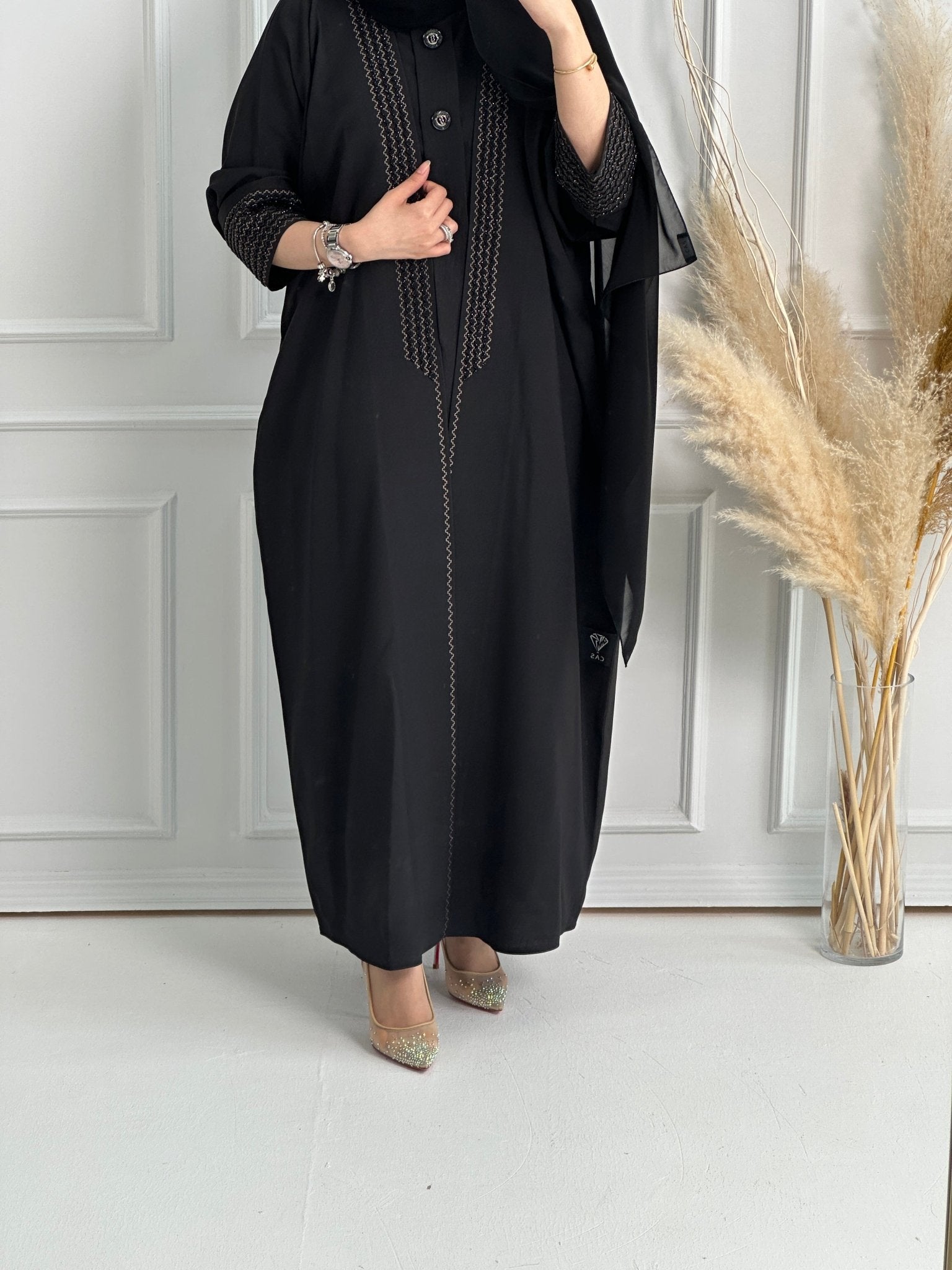 C - Black - Linen - Evening - Abaya - Set - 59