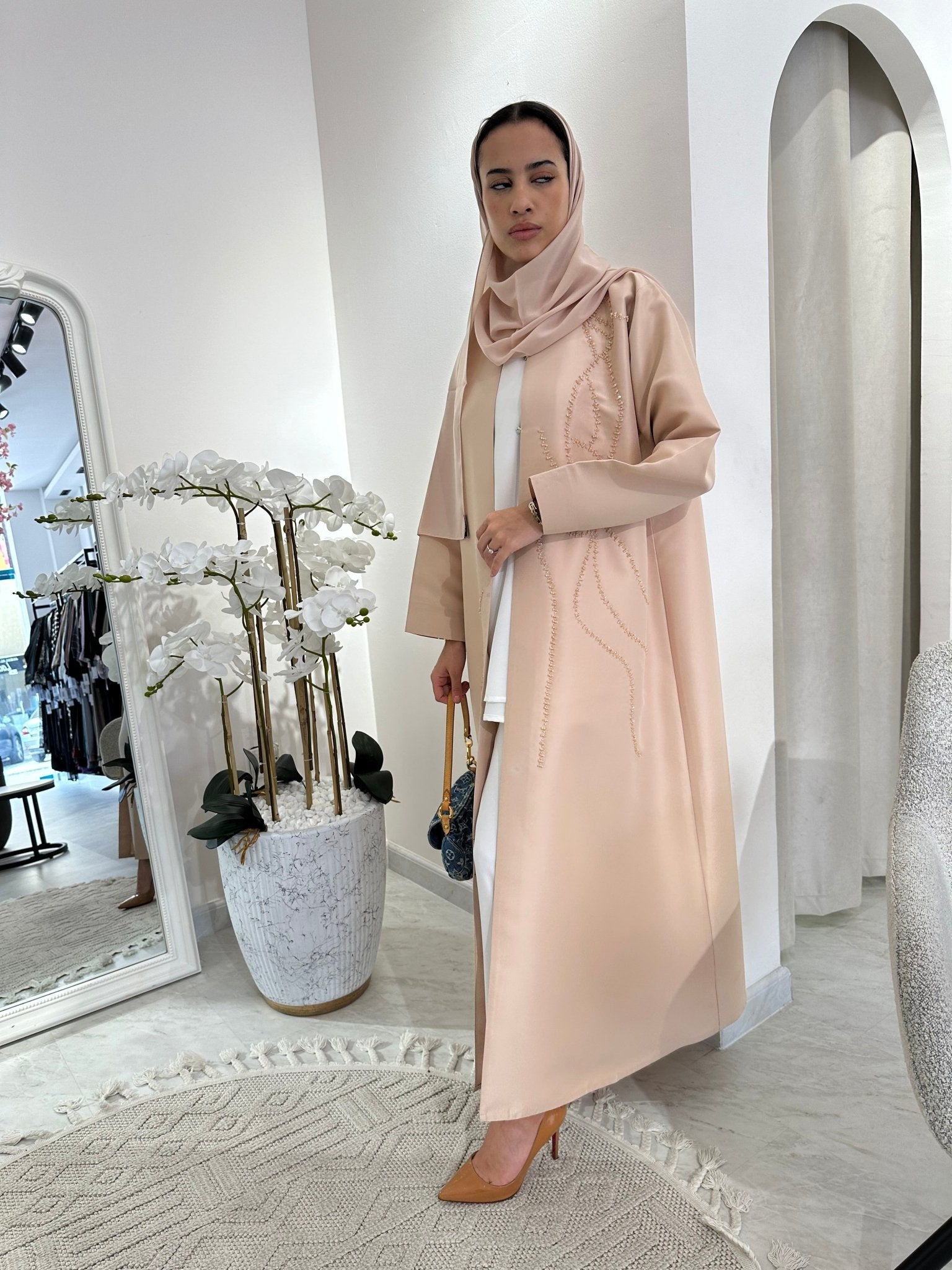 C Cream Satin Beaded Eid Abaya