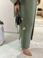 C Green Floral Linen Embroidery Eid Abaya Set