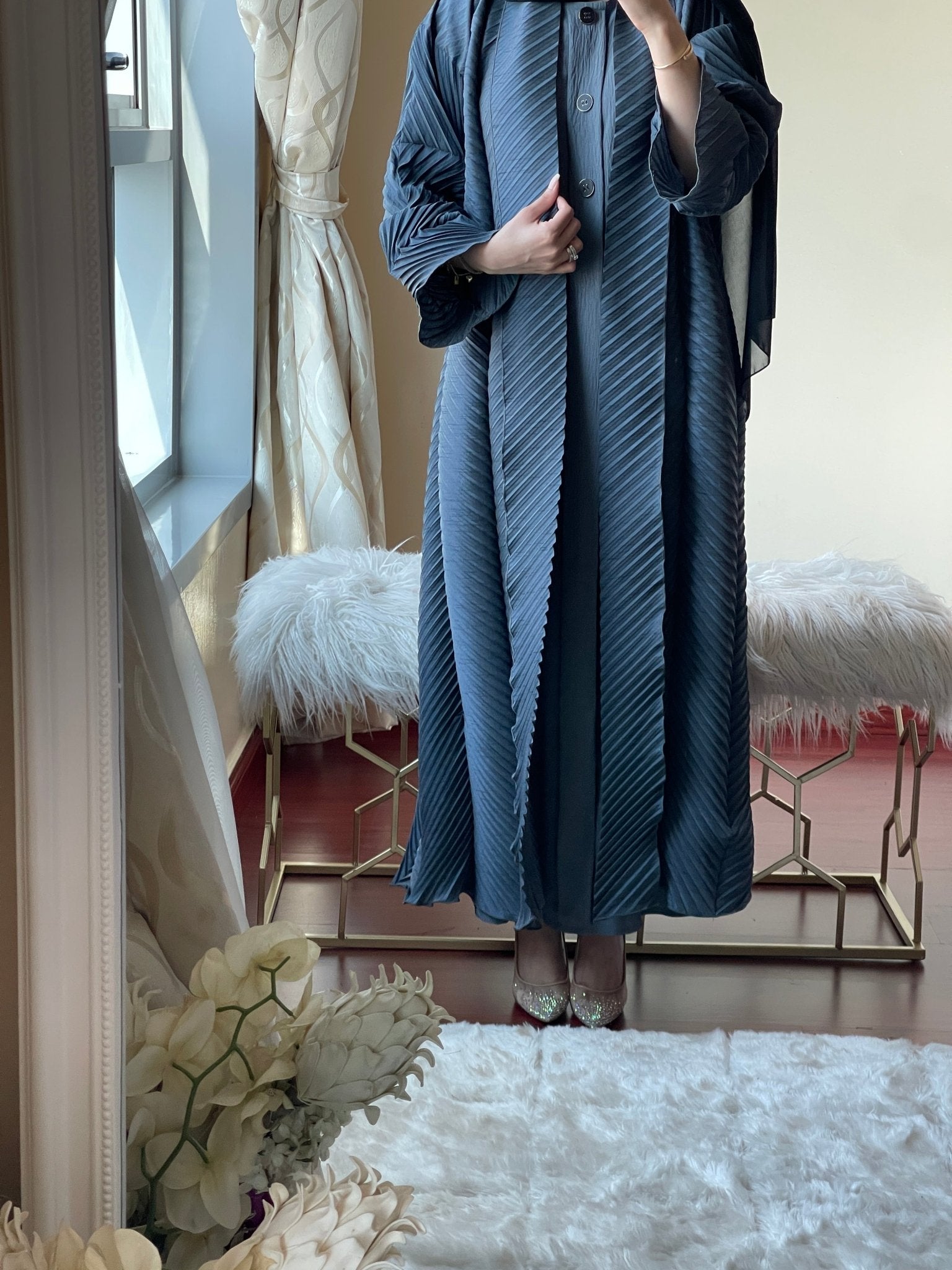 pleated abaya dress Grey Pleated Abaya Hijab Set 58 56-58