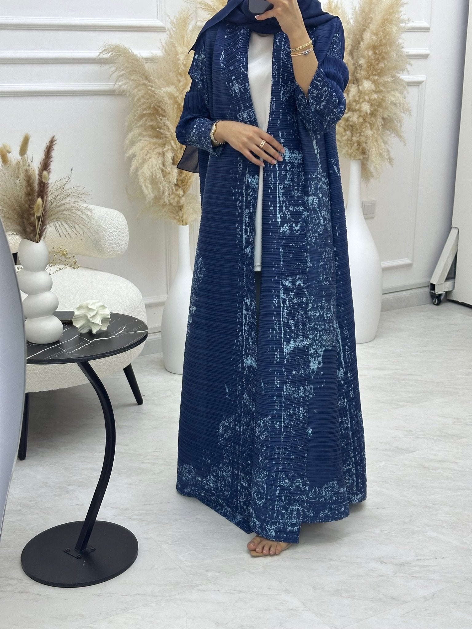 C RTW 01 Navy Blue Pleated Print Abaya