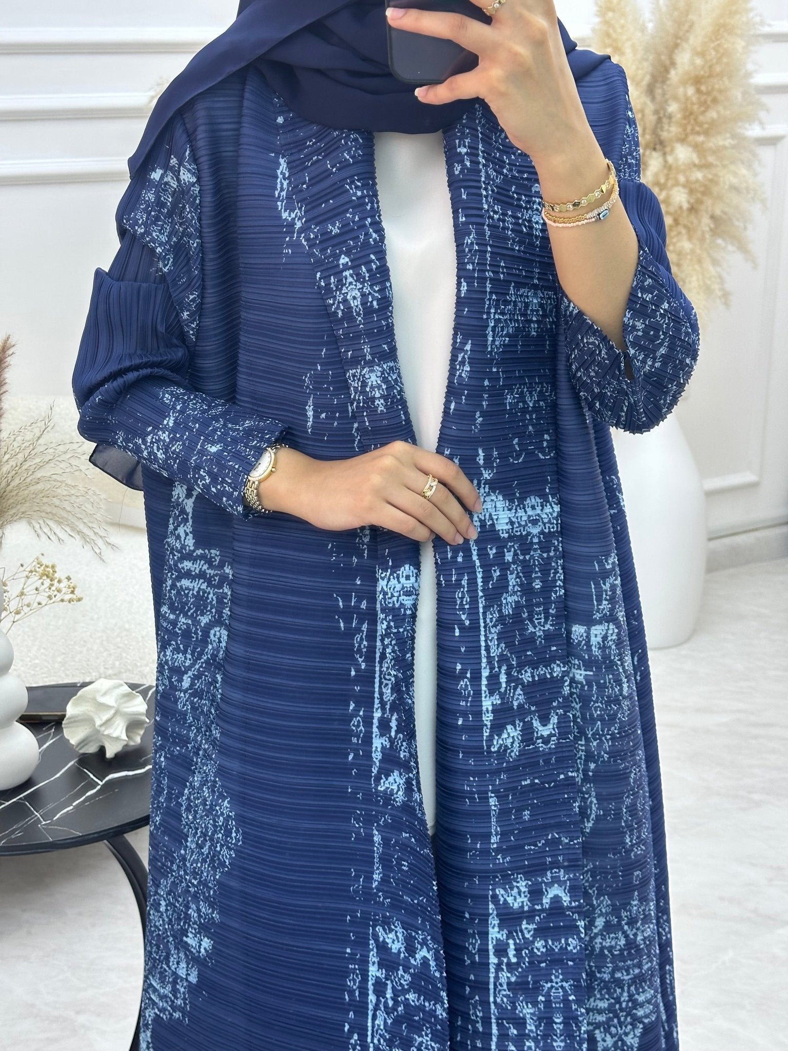 C RTW 01 Navy Blue Pleated Print Abaya