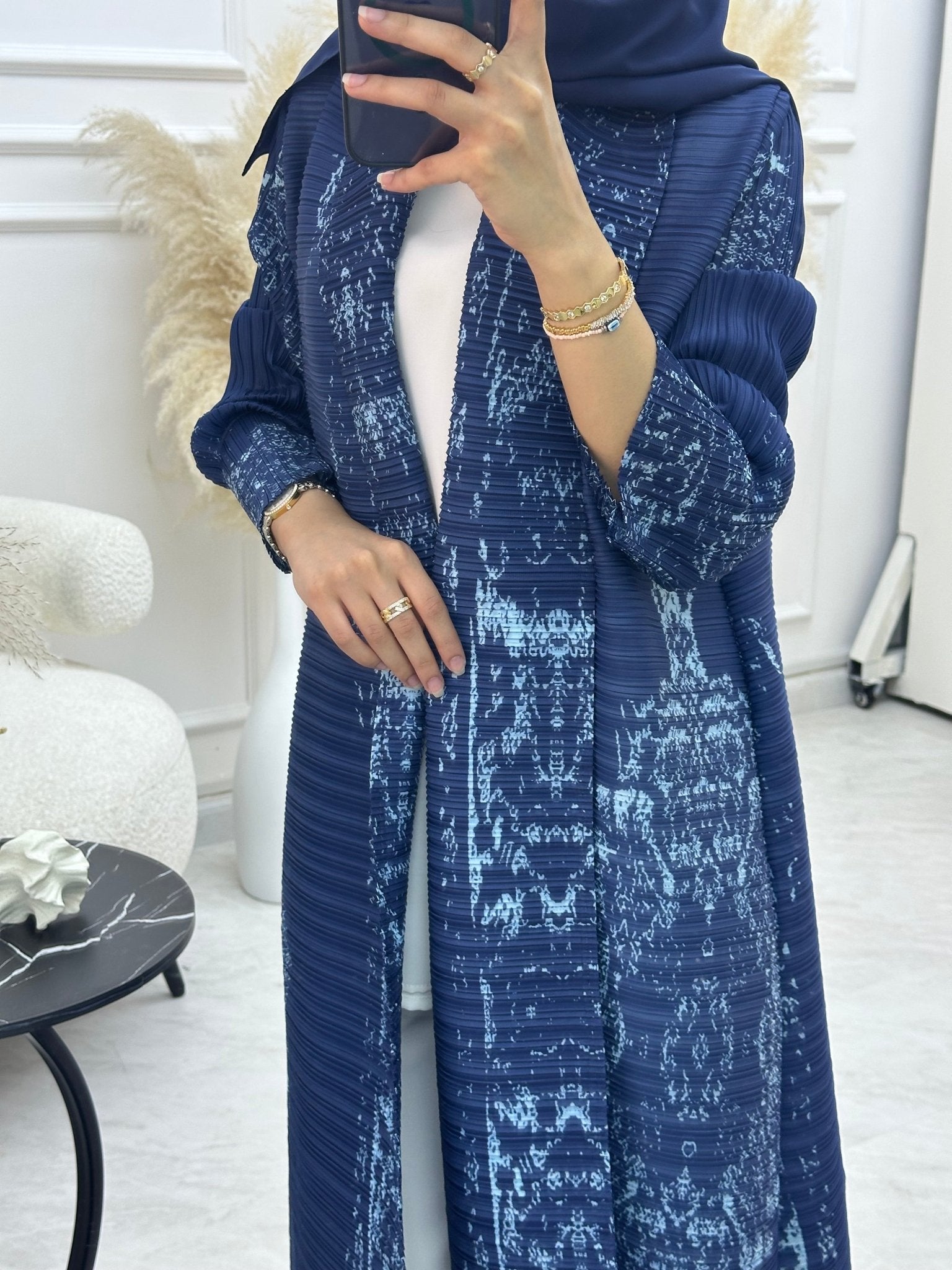 C RTW 01 Navy Blue Pleated Print Abaya
