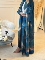 C RTW 07 Blue Sapphire Pleated Print Abaya