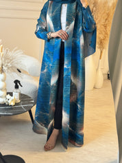 C RTW 07 Blue Sapphire Pleated Print Abaya