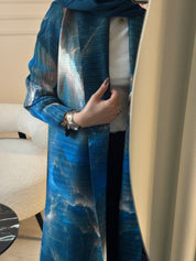 C RTW 07 Blue Sapphire Pleated Print Abaya