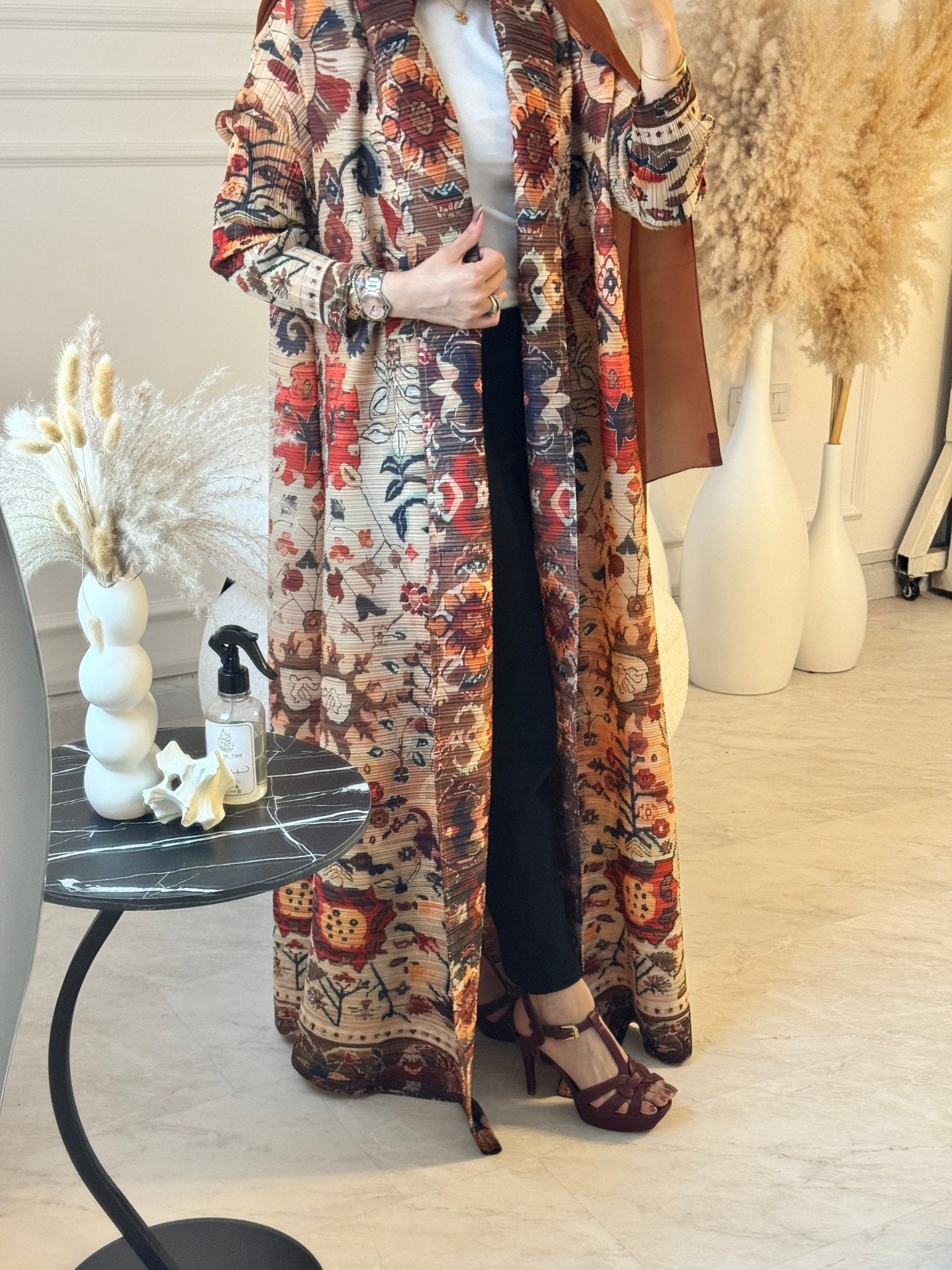 C RTW 09 Cinnamon Pleated Print Abaya