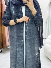 C RTW Dark Grey Pleated Print Abaya