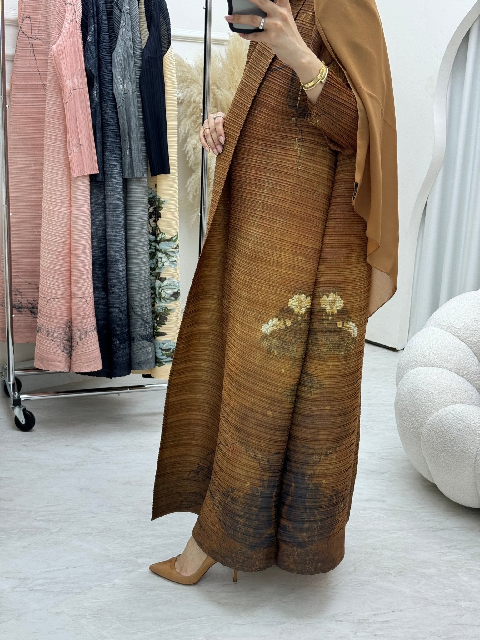 C RTW Mustard Pleated Print Abaya