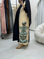 C RTW Navy Blue Cream Pleated Print Abaya