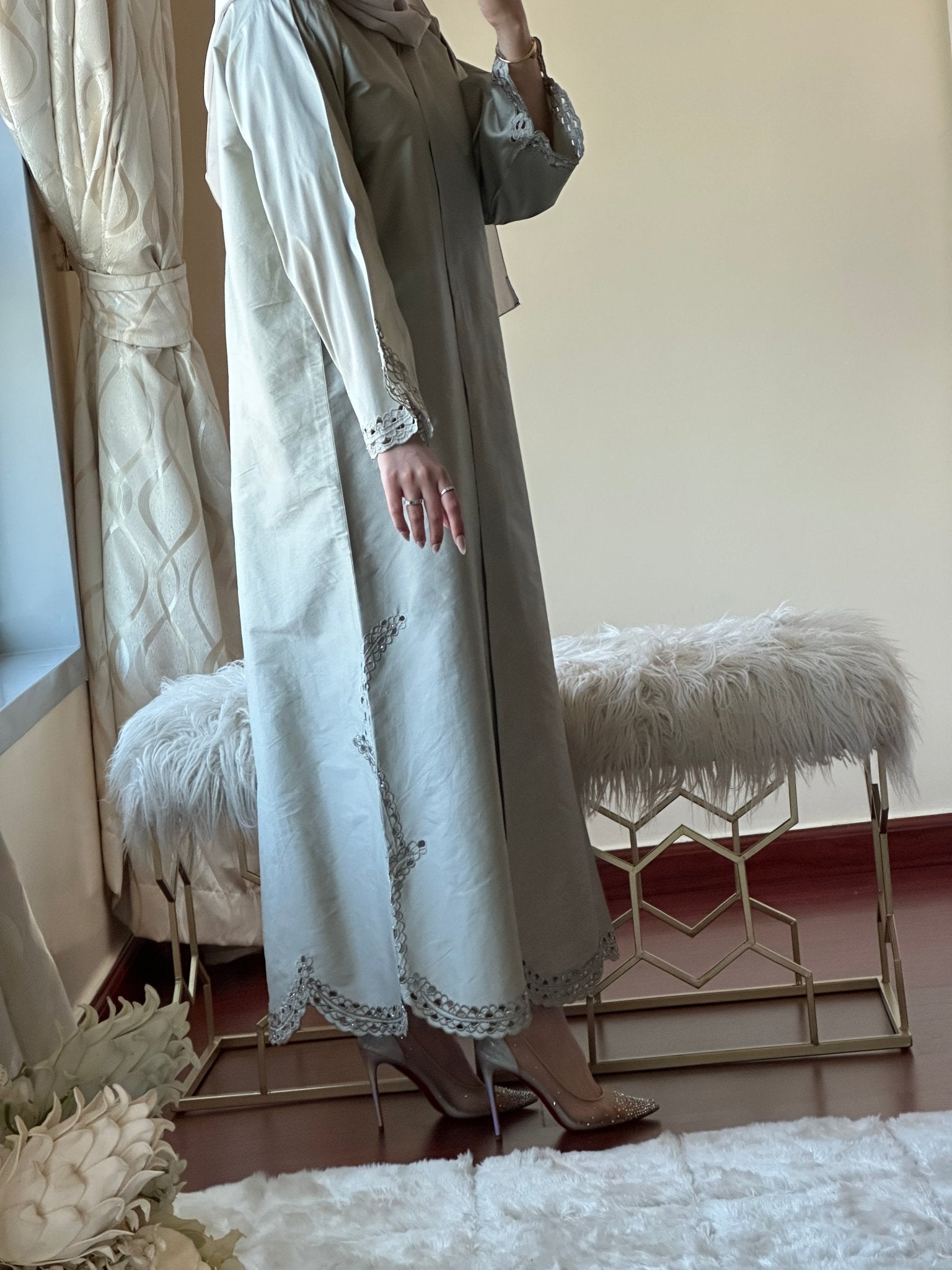 C - Silver - Taffeta - Evening - Abaya - 47