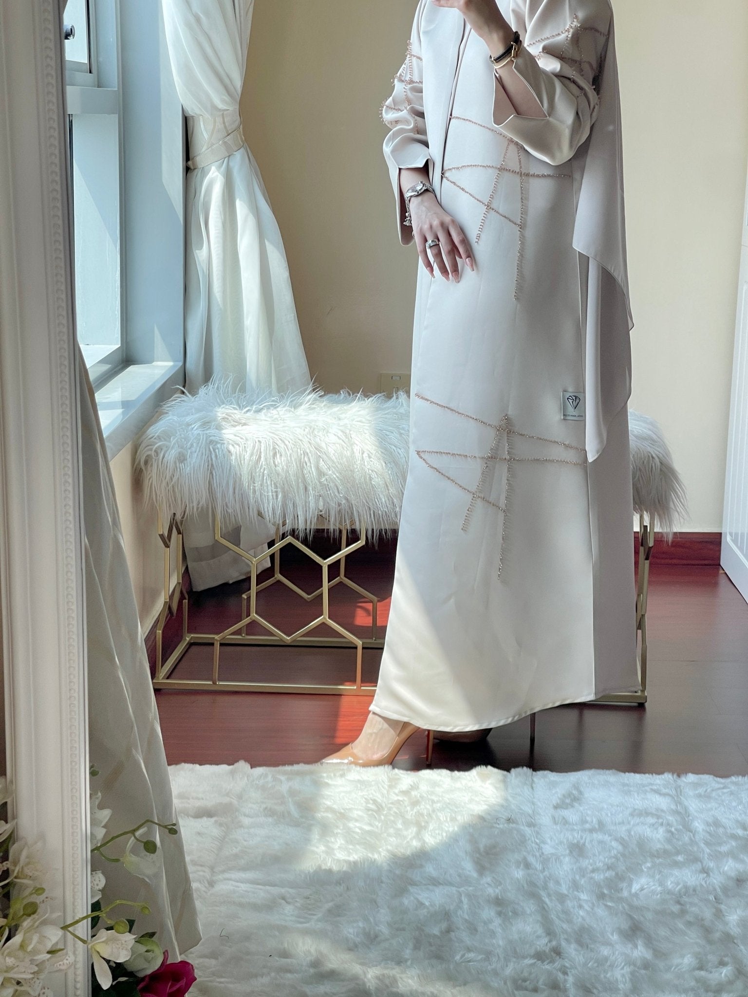 CE - Cream - Satin - Coat - Abaya - Set