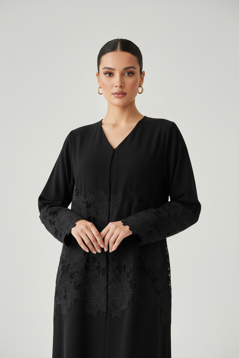 Collection of stylish lace abayas in black, white, floral, pink, and blue designs. Featuring lace trim, lace sleeves, open lace styles, and floral lace patterns for women.