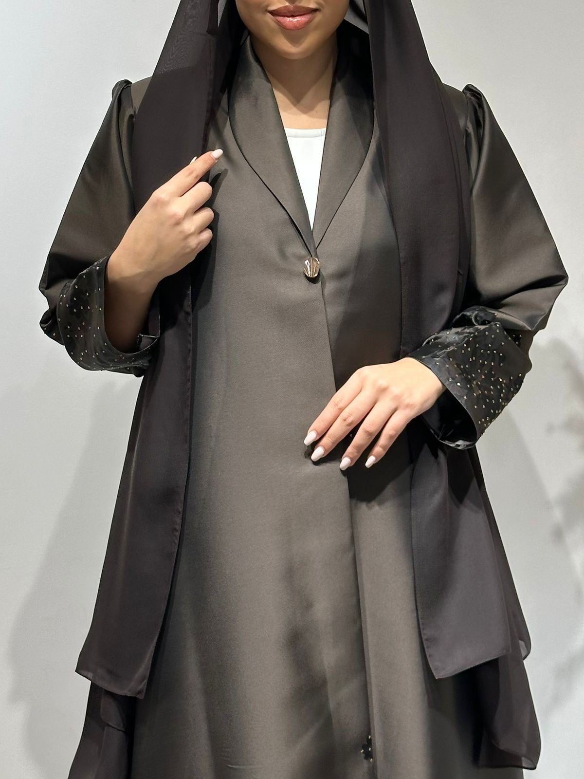C 1654 Brown Printed Crystal Abaya