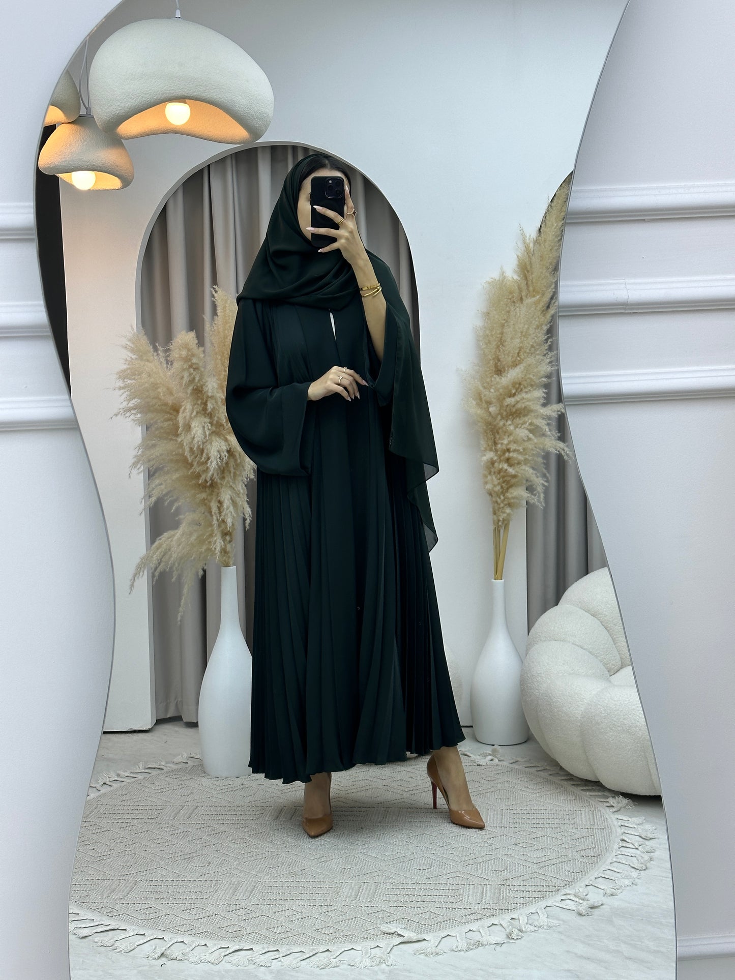 C Plain Green Pleated Abaya Set