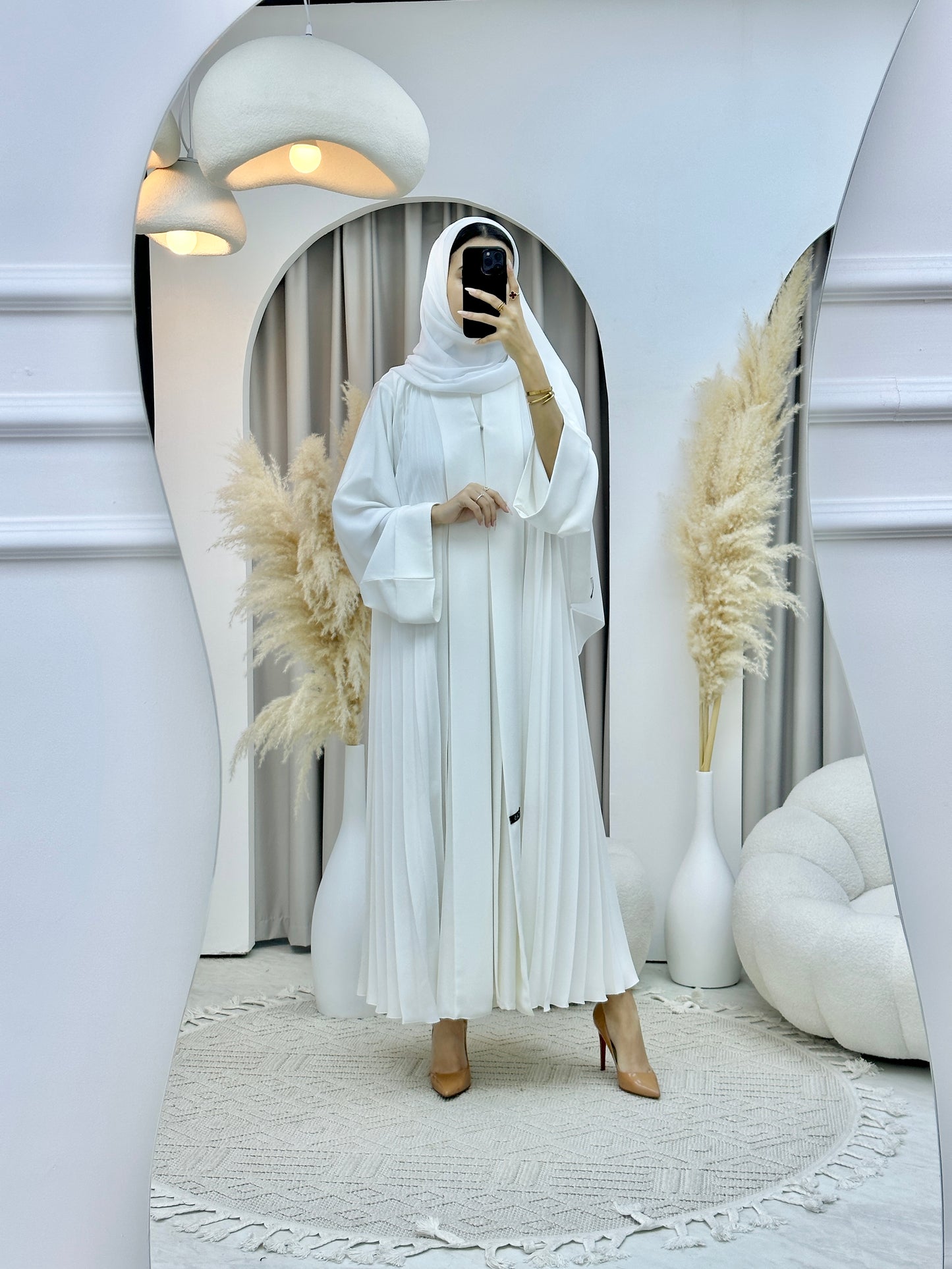 C Plain White Pleated Abaya Set