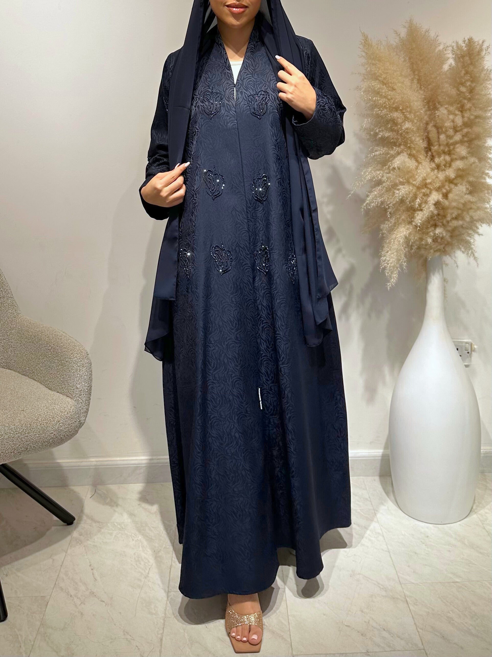 C 1624 Navy Blue Beaded Abaya