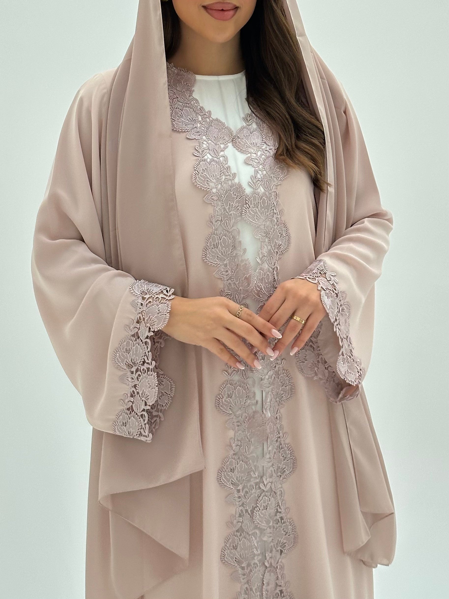 C 1814 Pastel Peach Lace Abaya