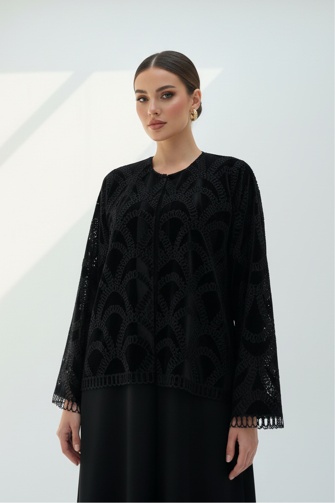 C 1886 Black Velvet Dantel Abaya