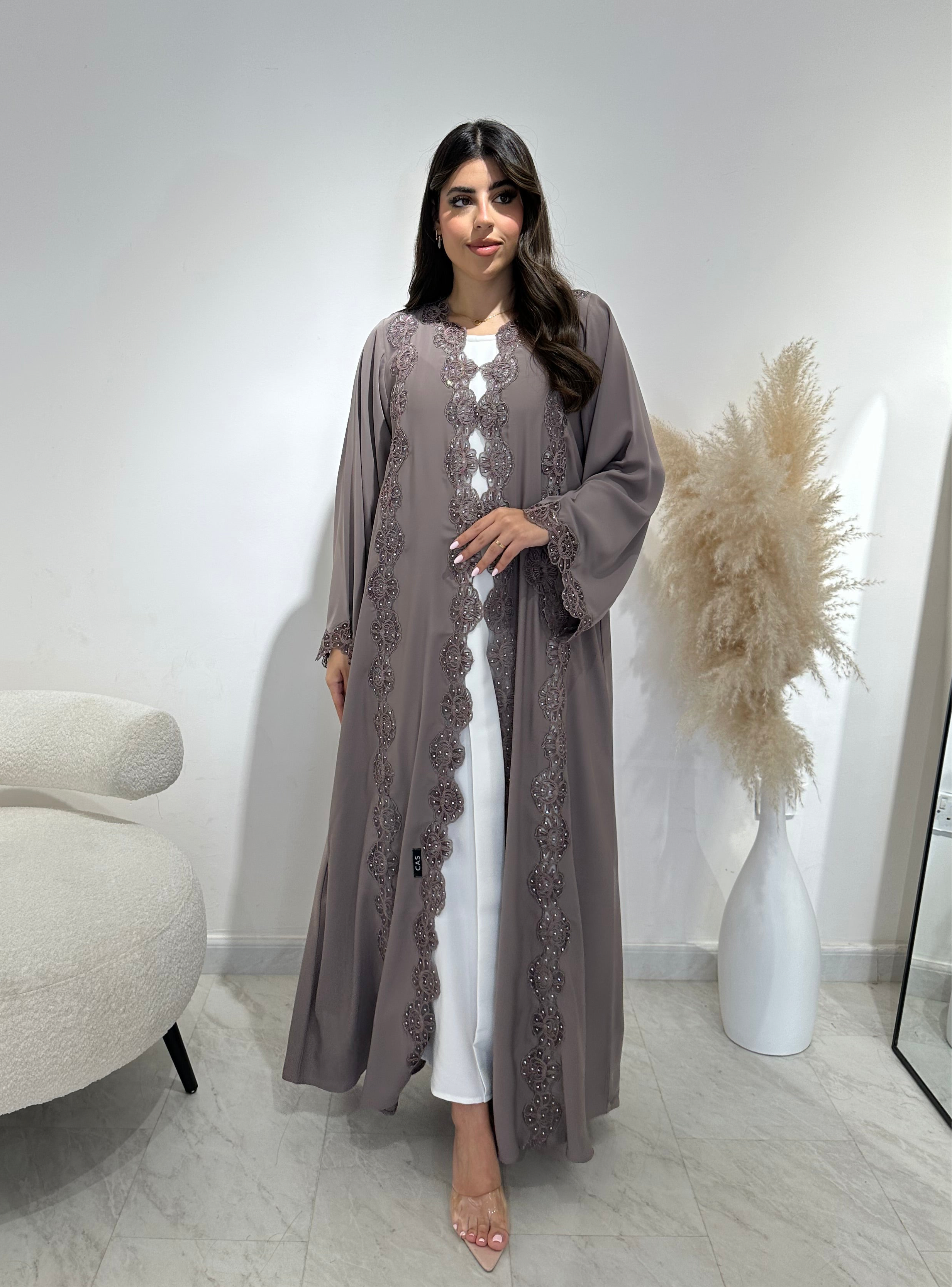 C 1409 Ash Floral Lace Abaya