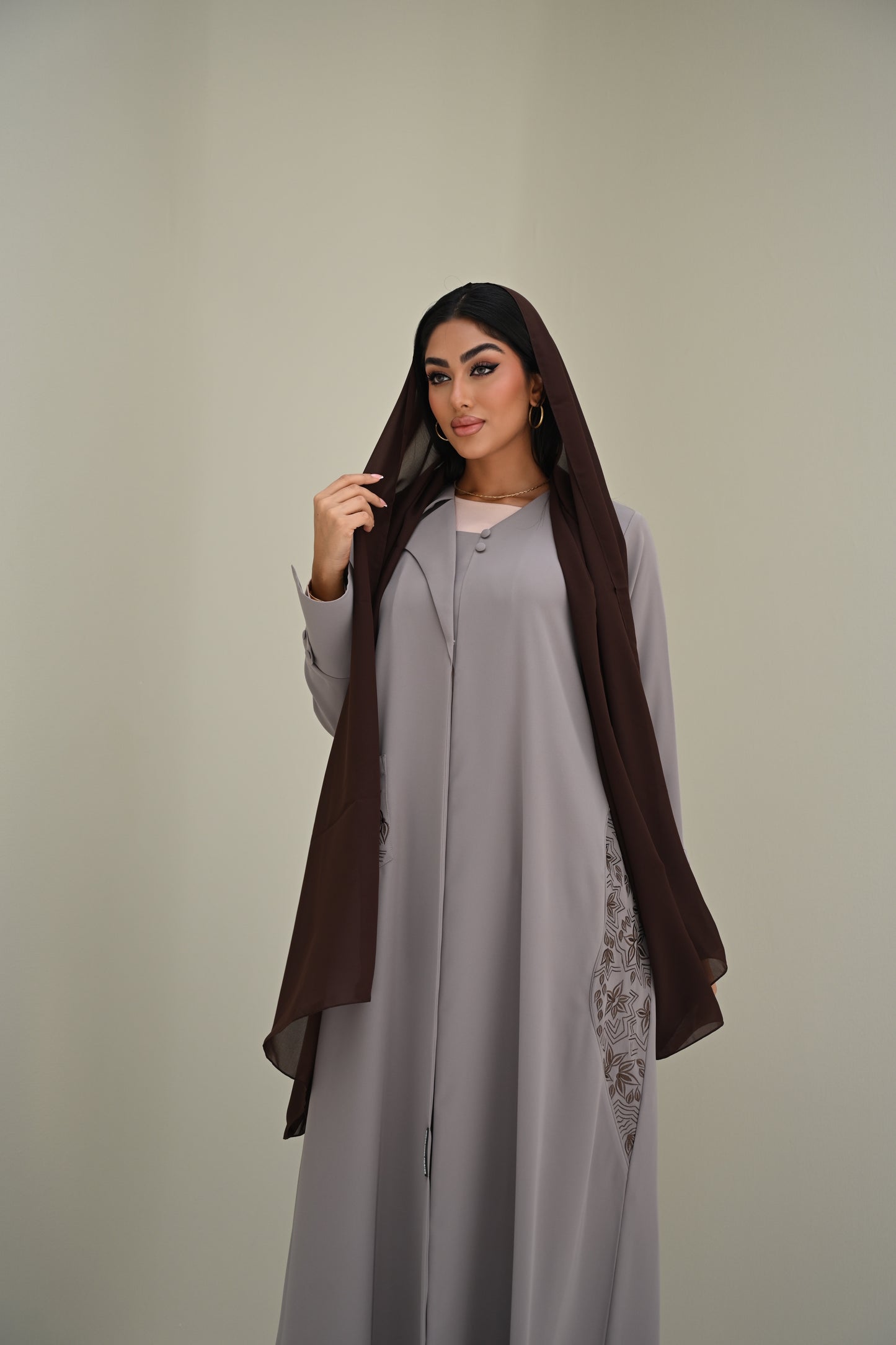 C 0504 Beige Embroidered Coat Abaya