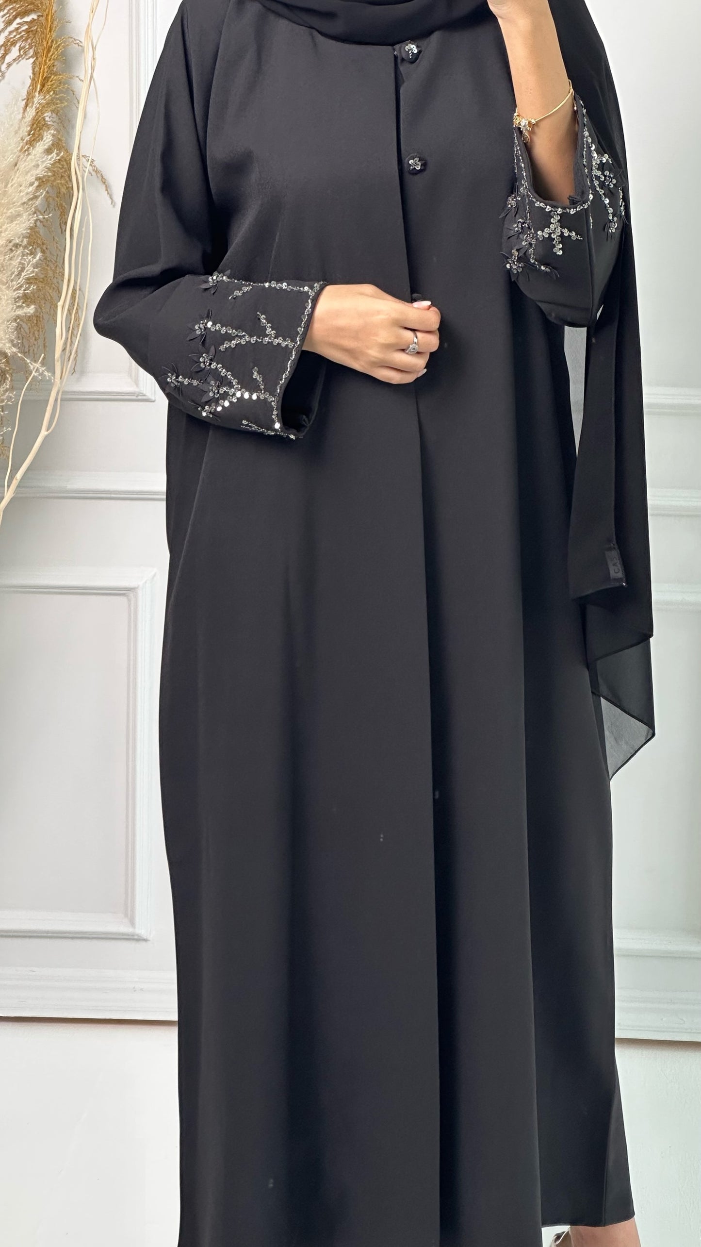 C Black Silver Embroidery Abaya Set