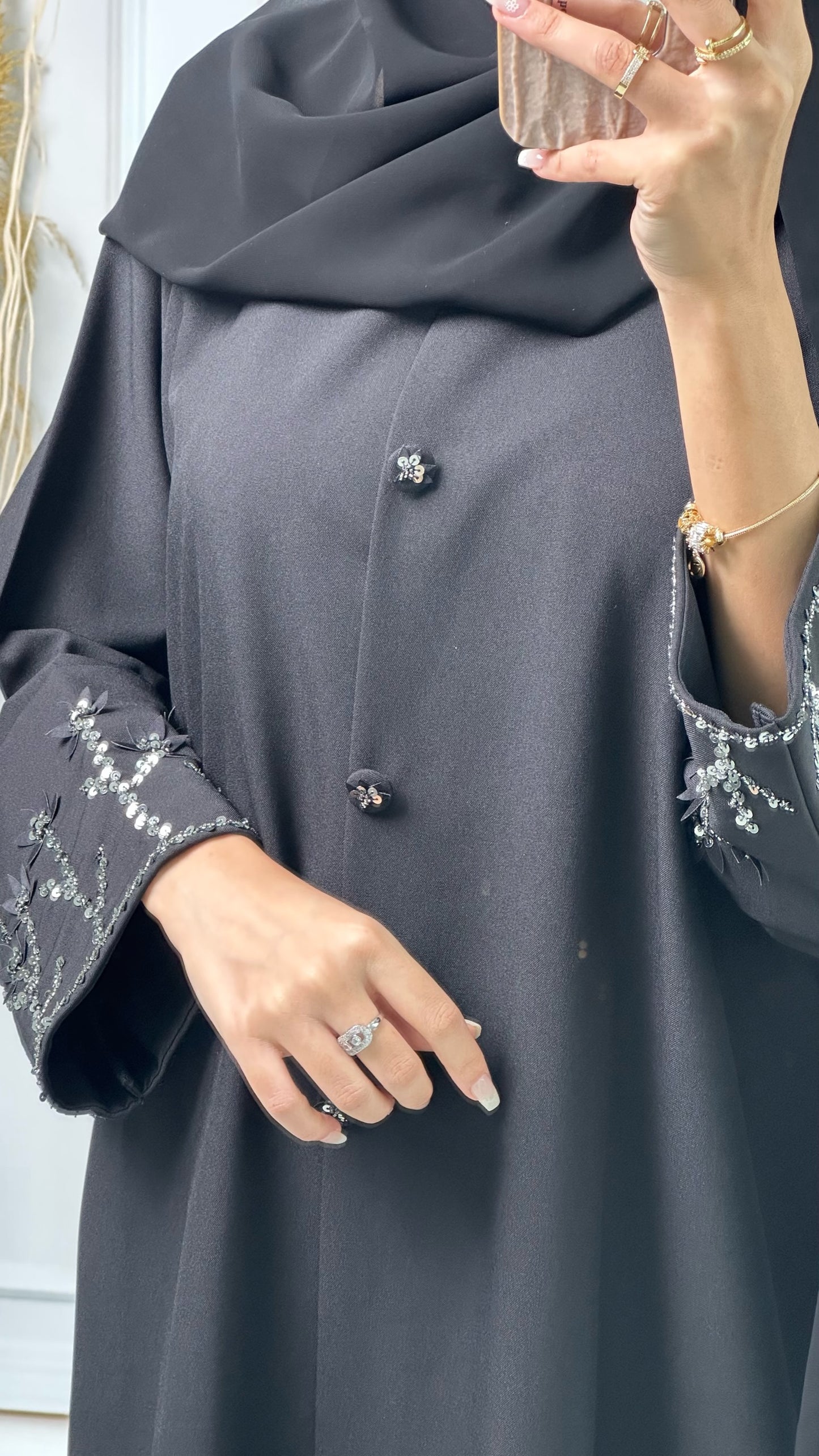 C Black Silver Embroidery Abaya Set