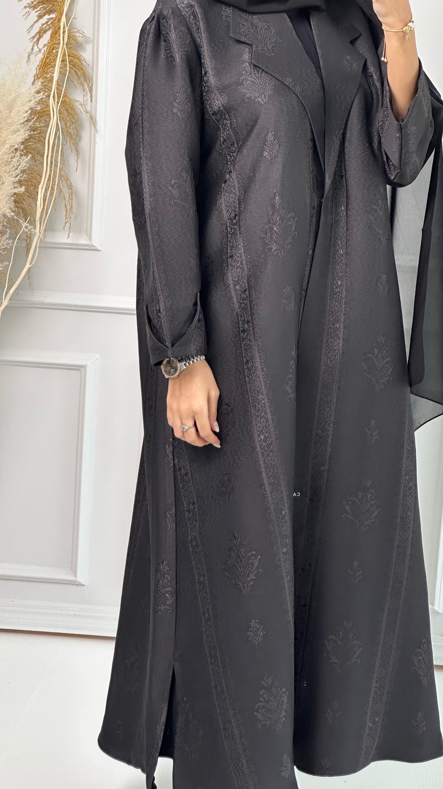 C Floral Print Jacquard Coat Abaya Set