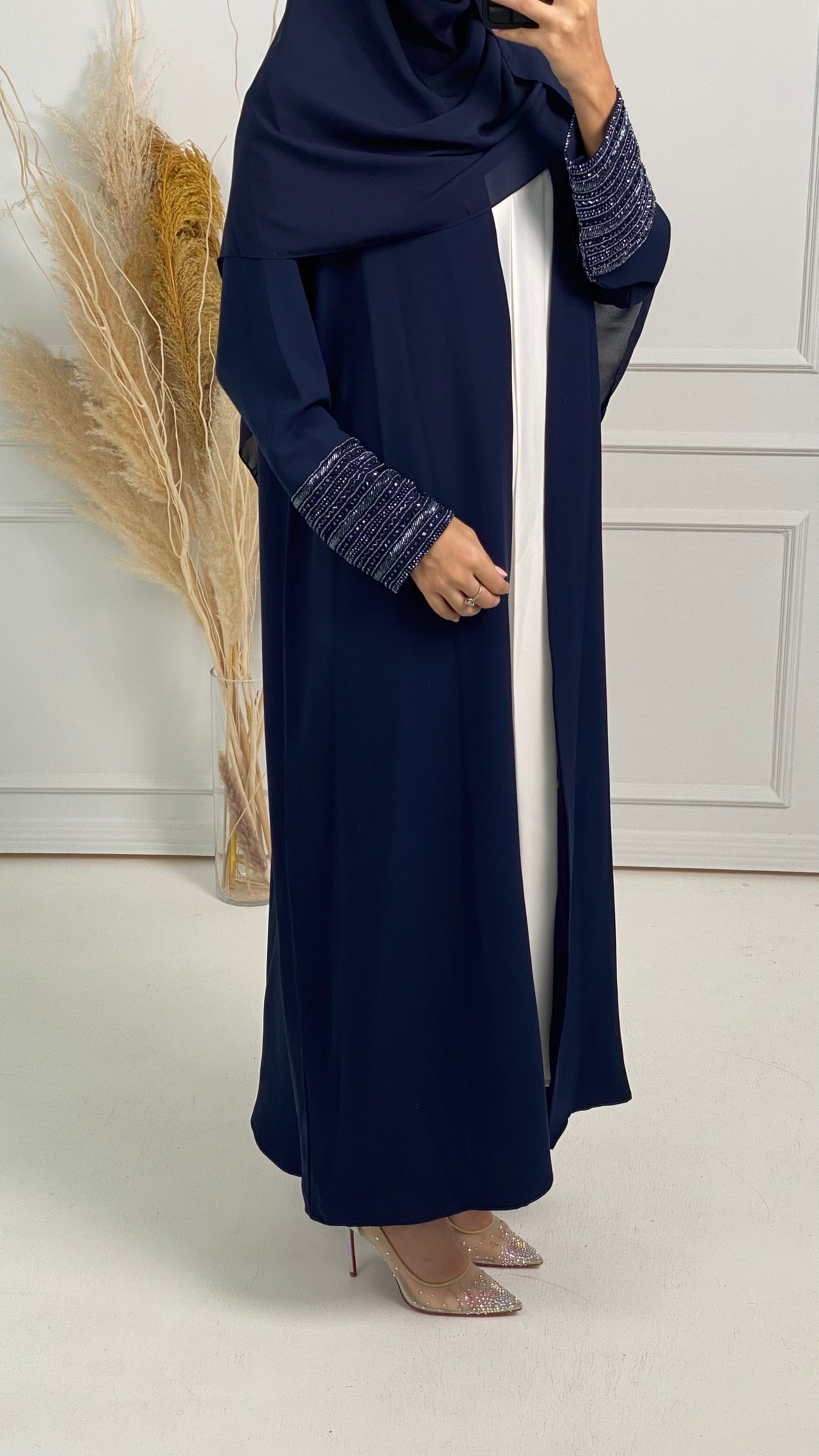 C Blue Bisht Embroidered Cuff Abaya