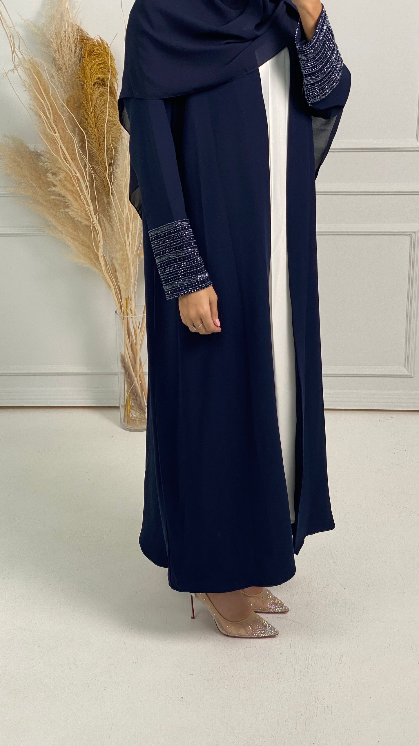 C Blue Bisht Embroidered Cuff Abaya