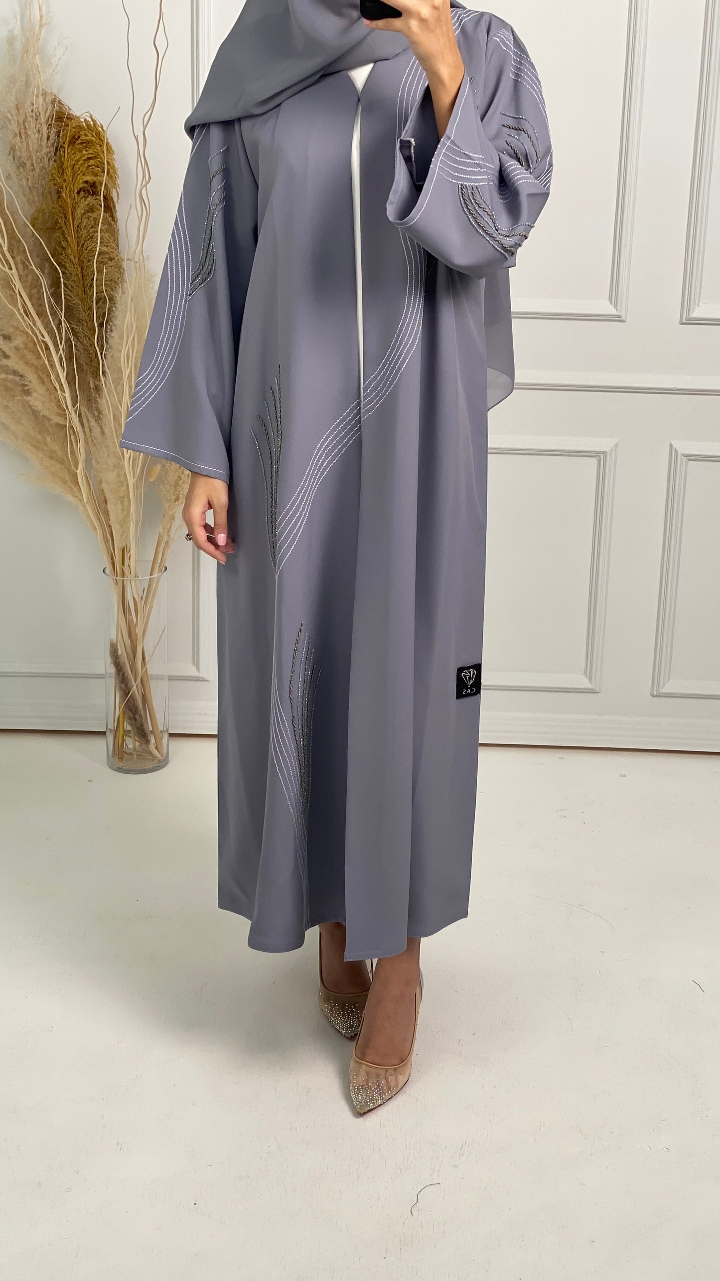 C Grey Crepe Embroidery Abaya