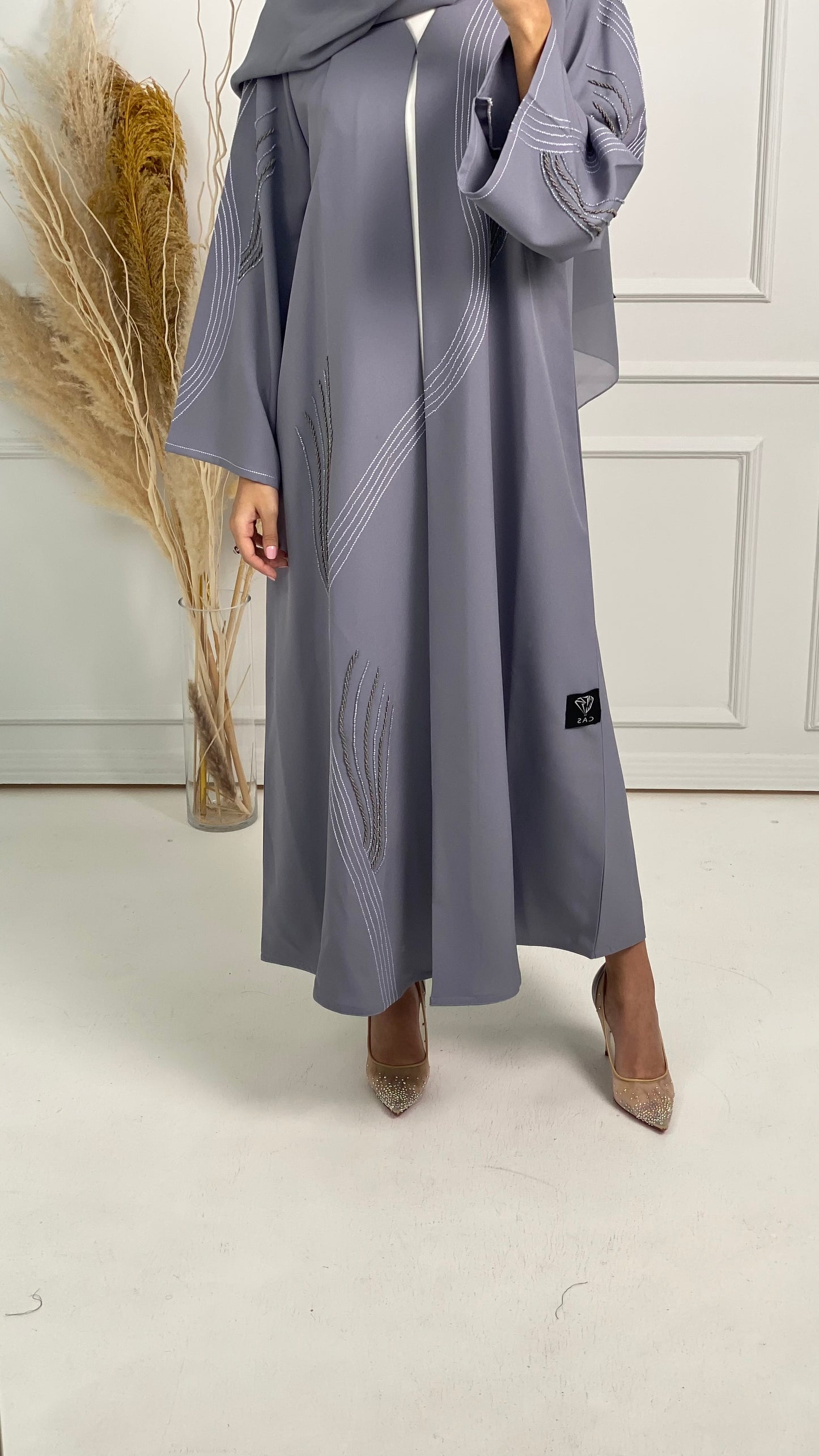 C Grey Crepe Embroidery Abaya