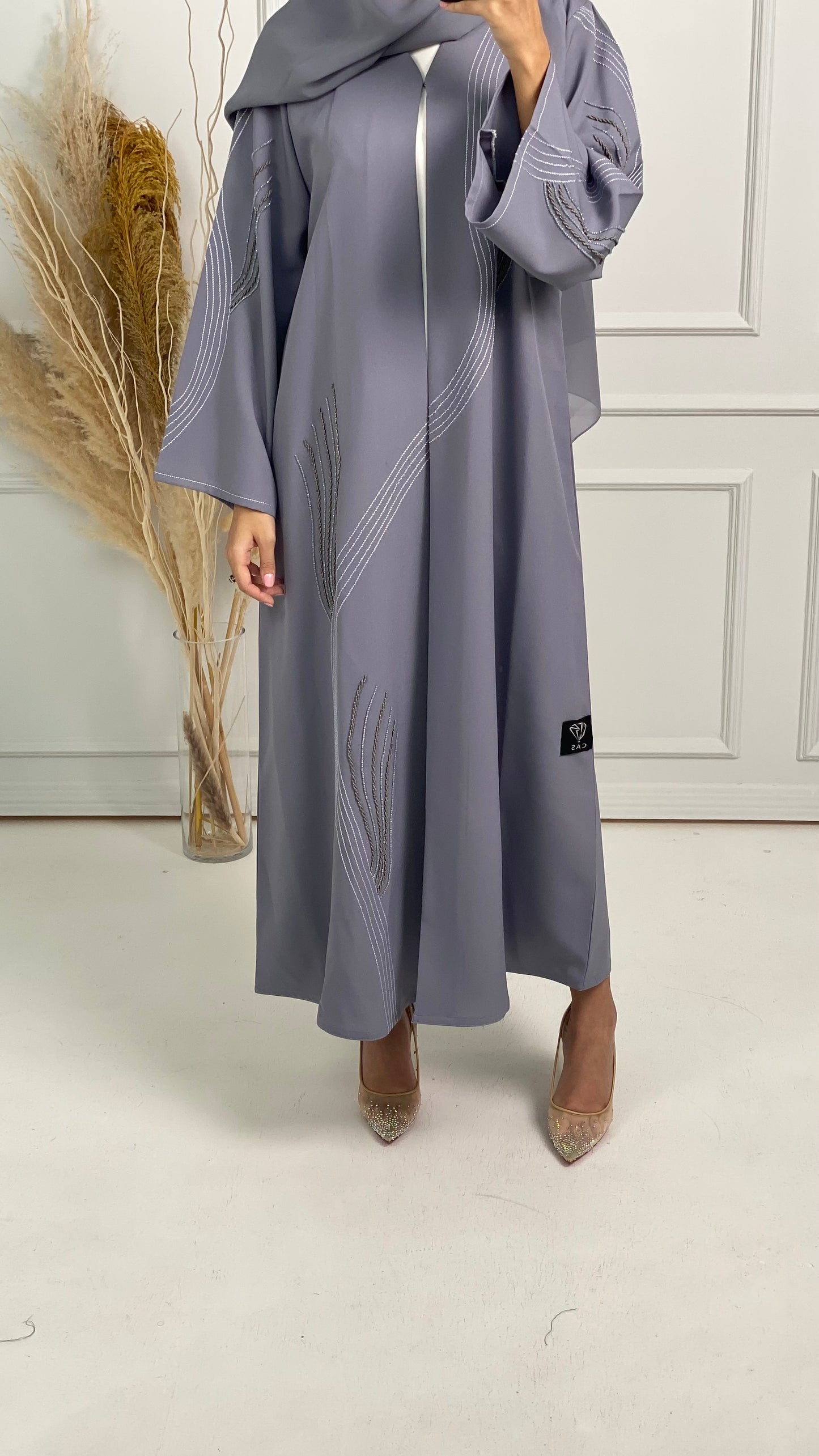 C Grey Crepe Embroidery Abaya