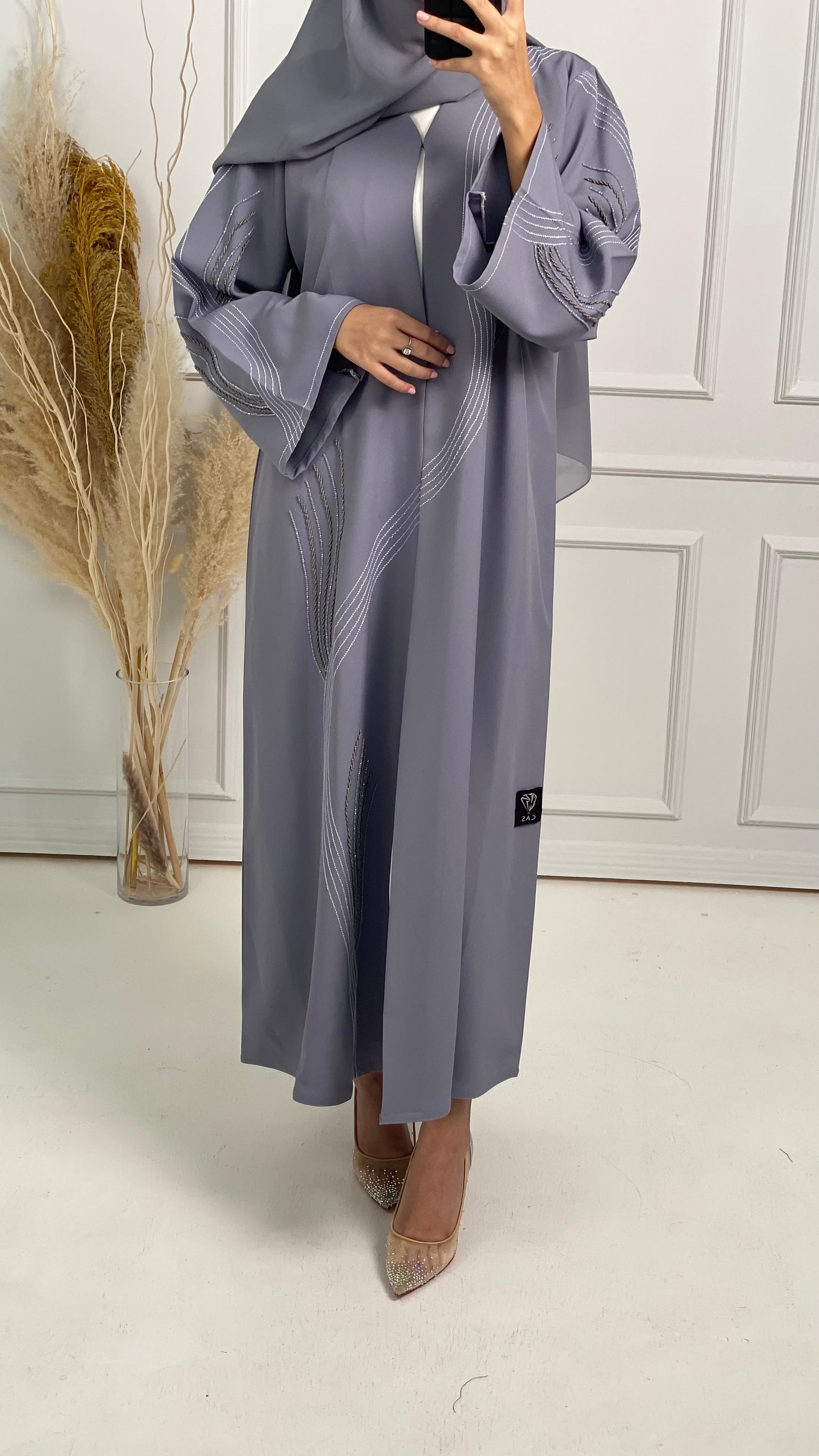 C Grey Crepe Embroidery Abaya