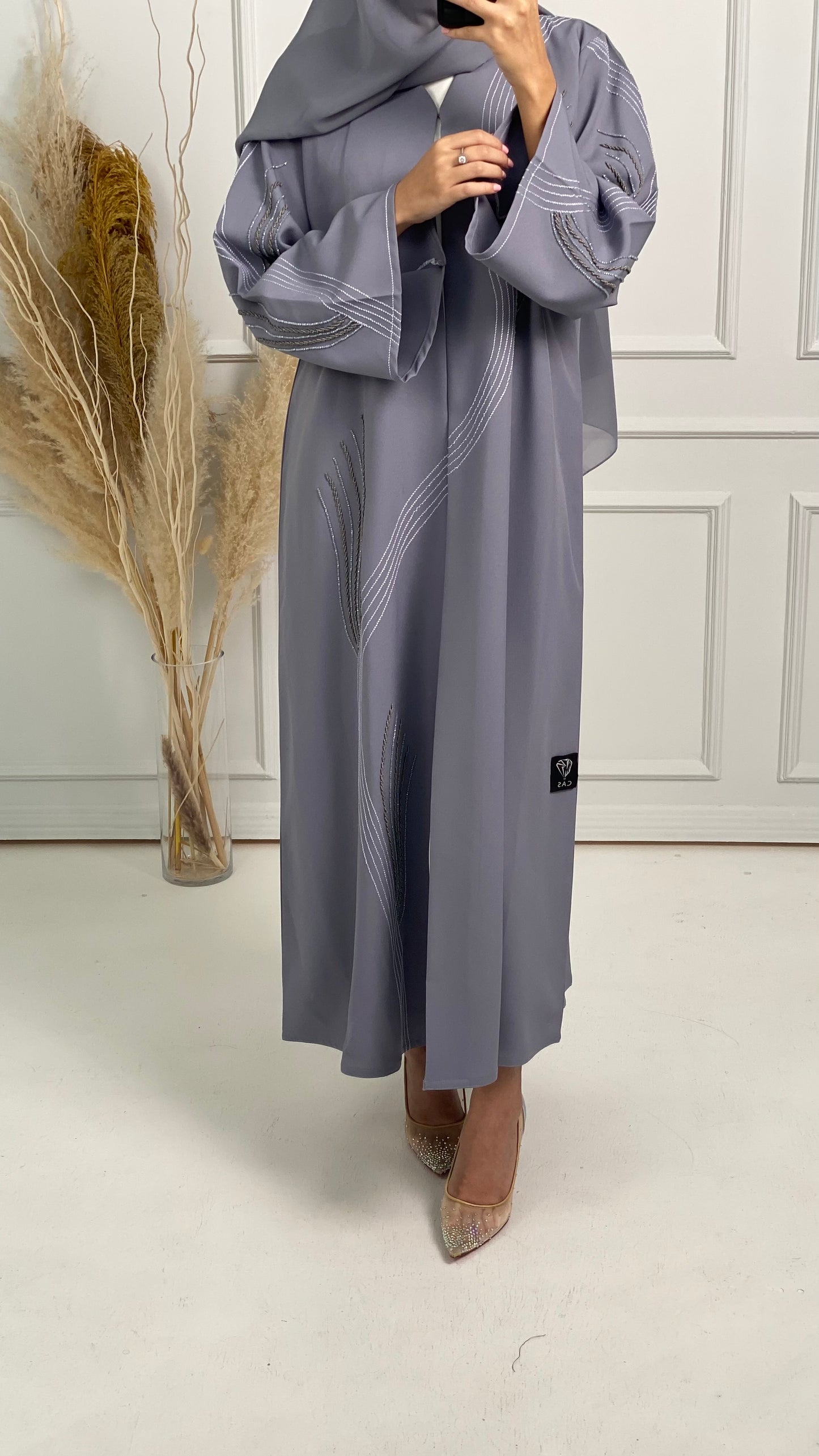 C Grey Crepe Embroidery Abaya